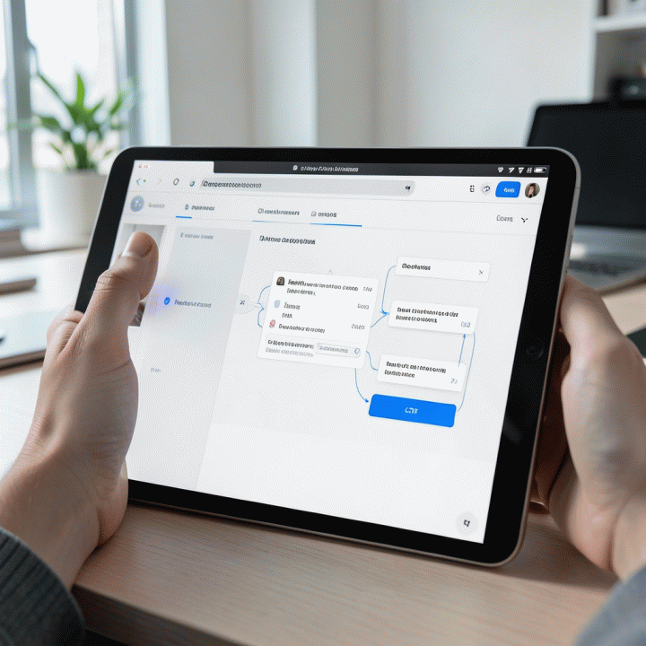 Tampilan antarmuka builder landing page di tablet yang menunjukkan proses otomatisasi dan penataan konten yang mudah menggunakan AI.
