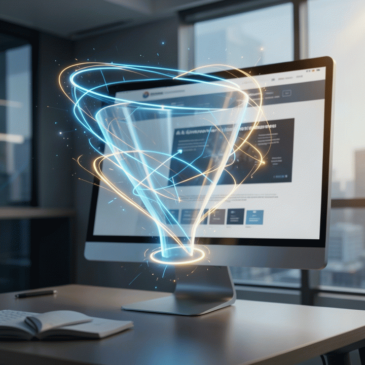 Visualisasi konversi marketing funnel yang dioptimalkan menjadi landing page yang efektif berkat teknologi AI.