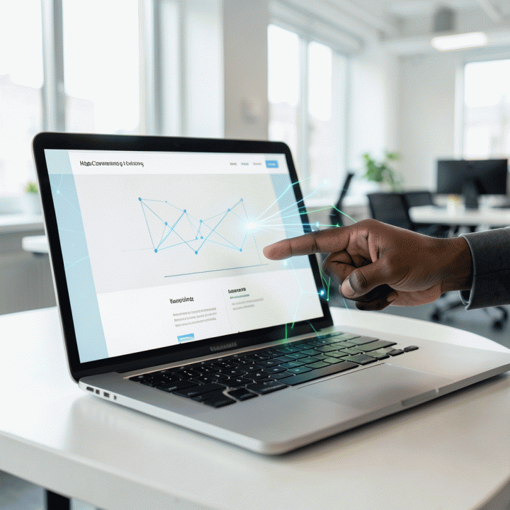 Laptop menampilkan landing page konversi tinggi yang dibuat dengan bantuan AI, menunjukkan kemudahan dan profesionalisme dalam pemasaran digital.