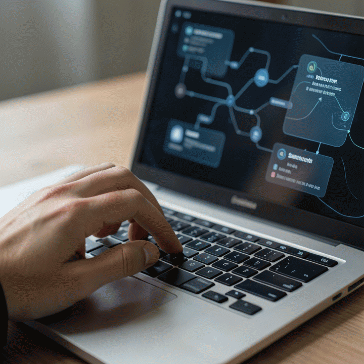 Tangan profesional berinteraksi dengan laptop yang menampilkan antarmuka AI untuk pembuatan landing page secara cepat.