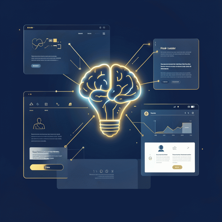 Visualisasi abstrak AI yang mengoptimalkan elemen-elemen penting sebuah landing page agar memiliki konversi tinggi.