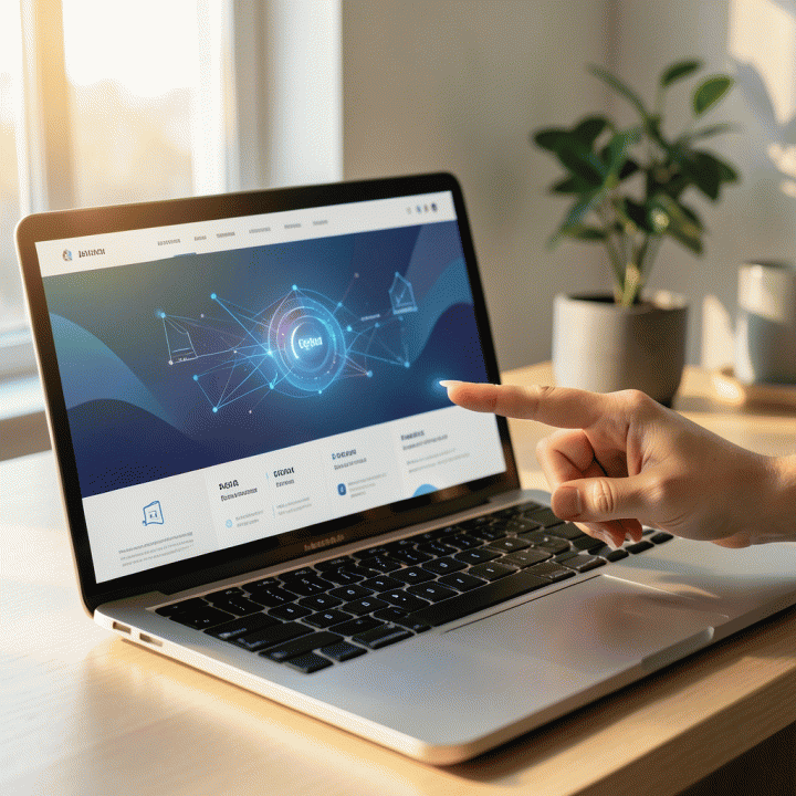Tangan profesional menunjuk ke desain landing page konversi tinggi yang ditampilkan di laptop, melambangkan pembuatan halaman web yang cepat dan efisien menggunakan AI.