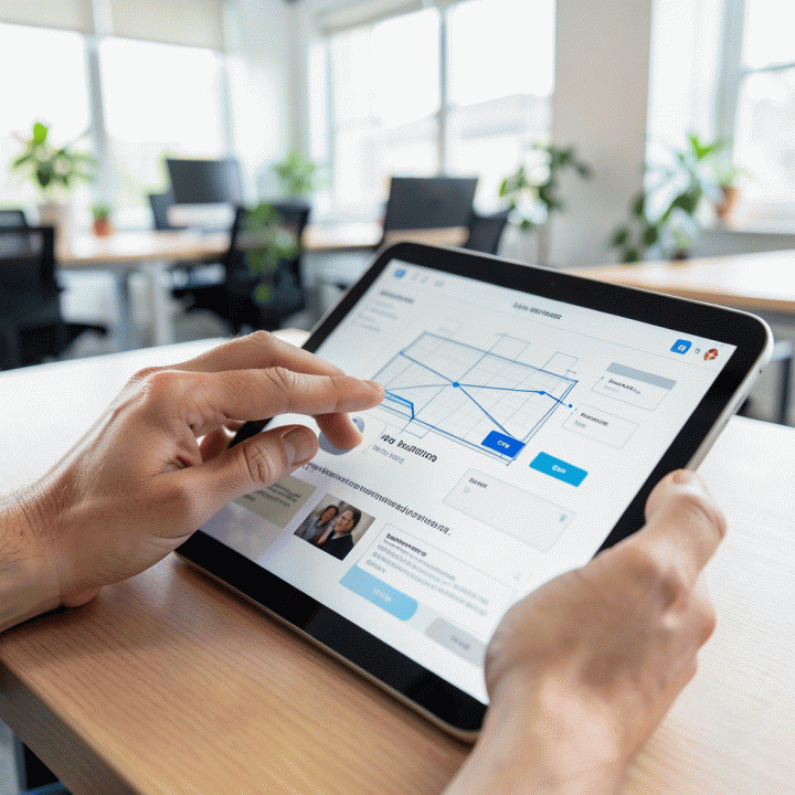 Tangan menggunakan tablet untuk menyusun elemen landing page (wireframe) dengan cepat, menunjukkan kemudahan penggunaan builder AI.