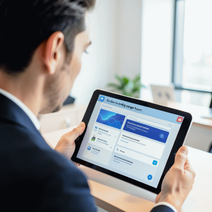 Seseorang menggunakan tablet AI builder yang secara otomatis menghasilkan struktur landing page yang terorganisir.