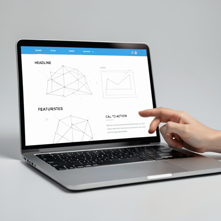 Laptop yang menampilkan desain landing page konversi tinggi dengan layout modern dan profesional, melambangkan efisiensi pembuatan website.