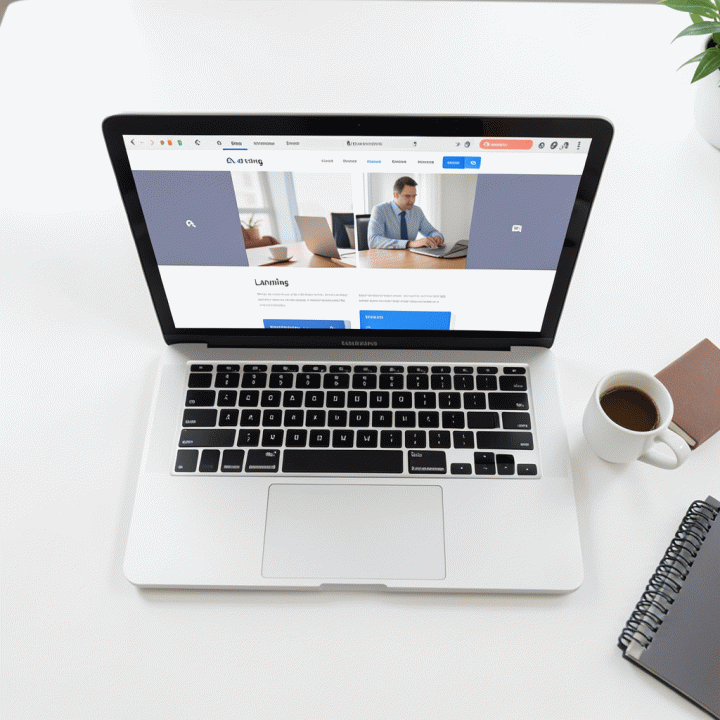 Tampilan meja kerja yang rapi dengan laptop menampilkan landing page yang sudah jadi, melambangkan hasil kerja yang profesional dan cepat.