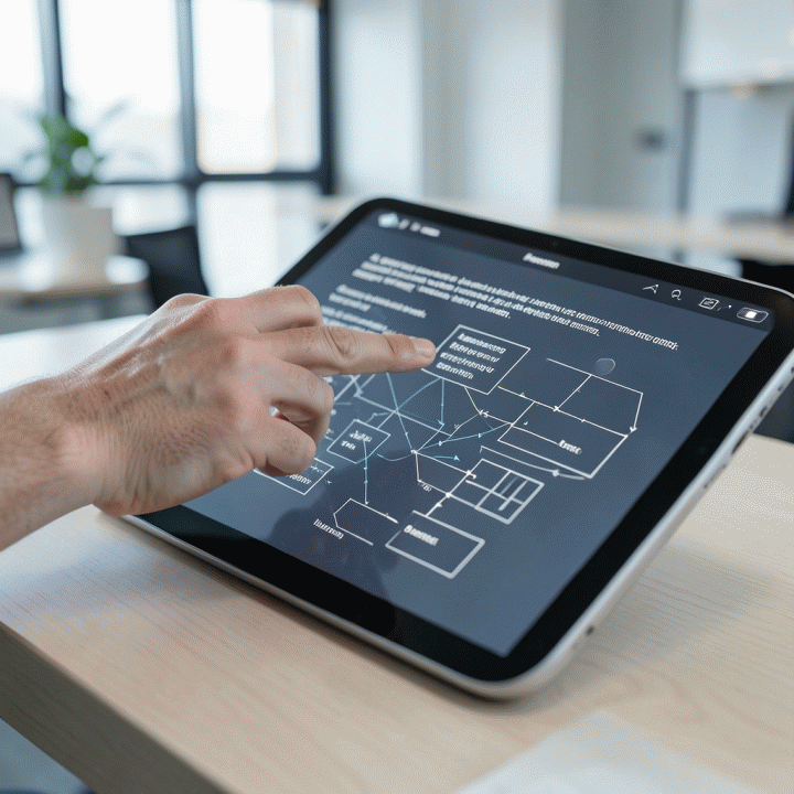 Tangan yang berinteraksi dengan tablet futuristik, menunjukkan visualisasi proses pembuatan konten dan layout landing page yang cepat menggunakan AI.