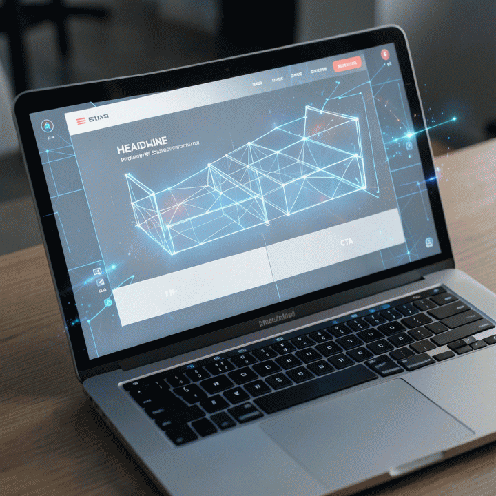 Tampilan layar laptop yang menunjukkan kerangka (wireframe) landing page konversi tinggi yang terstruktur dan modern, menekankan alur konten tanpa teks yang terbaca.