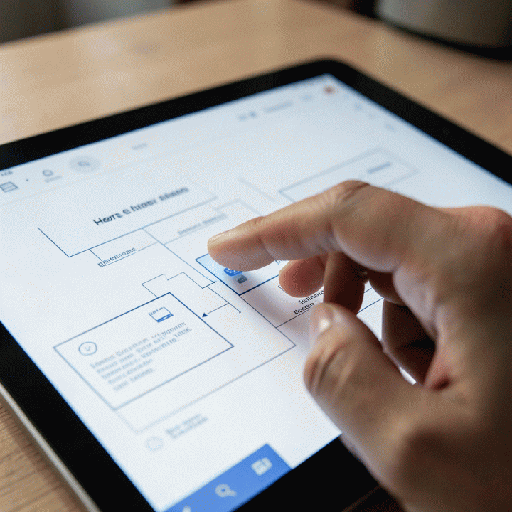 Tangan yang menggunakan tablet untuk mengarahkan AI dalam menyusun struktur landing page yang optimal.