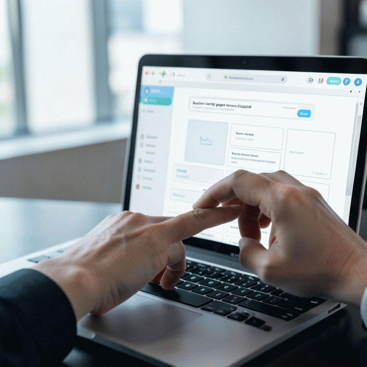 Tangan mengetik prompt sederhana ke antarmuka AI chat, dan layar laptop langsung menampilkan kerangka (wireframe) landing page yang terstruktur.