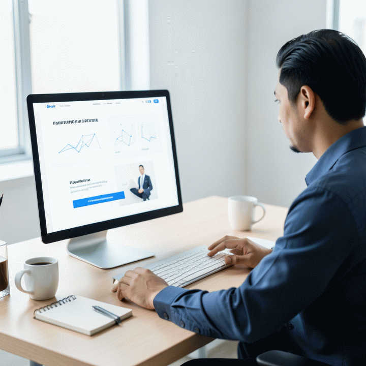 Seorang profesional sedang bekerja di meja modern, fokus pada layar monitor yang menampilkan desain landing page konversi tinggi yang dibuat dengan bantuan AI, melambangkan efisiensi pemasaran digital.