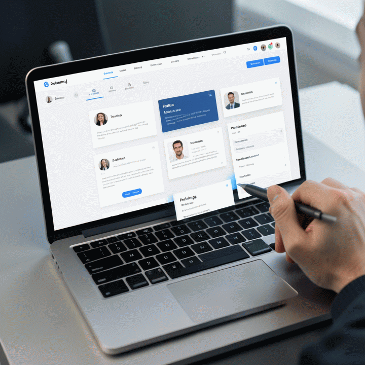 Tampilan antarmuka builder landing page di layar laptop, menunjukkan pengguna sedang menyusun berbagai modul section secara visual dan mudah.