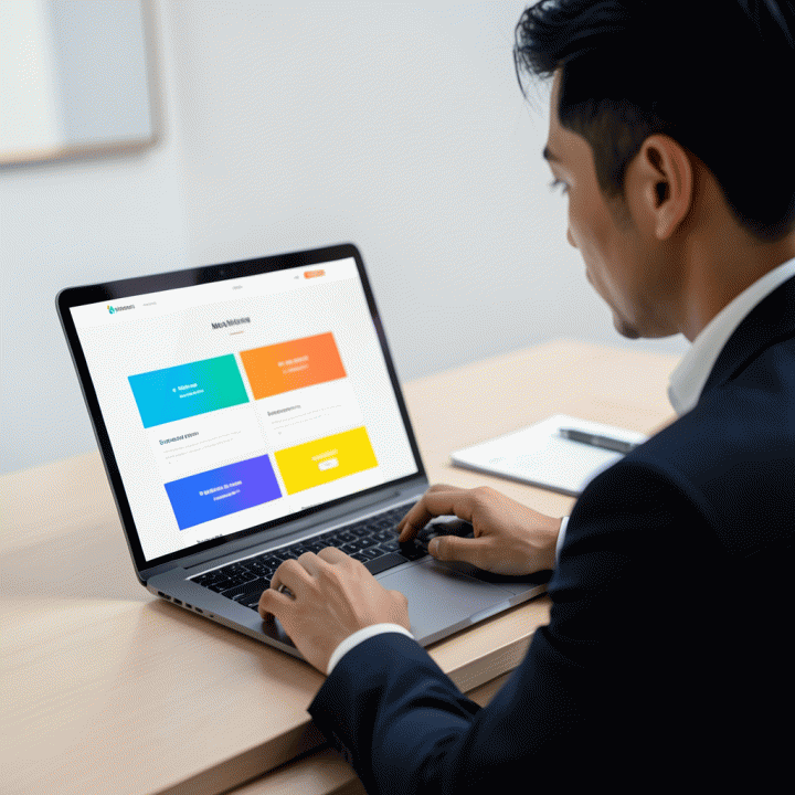 Seorang profesional sedang menggunakan laptop di ruang kerja modern untuk membuat landing page konversi tinggi menggunakan alat bantu AI, menekankan efisiensi dan desain yang rapi.