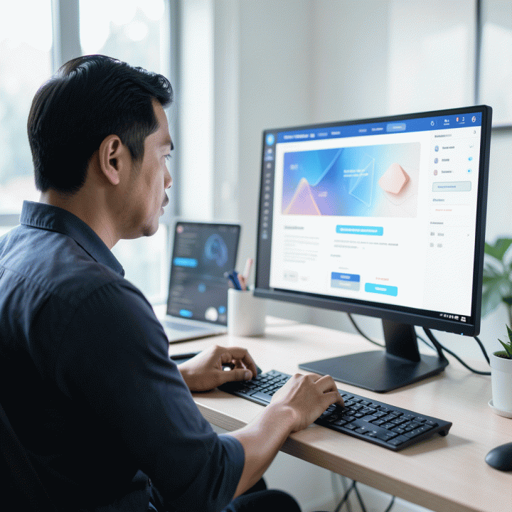 Seorang marketer profesional berfokus membuat landing page konversi tinggi menggunakan tools AI di meja kerja modern.
