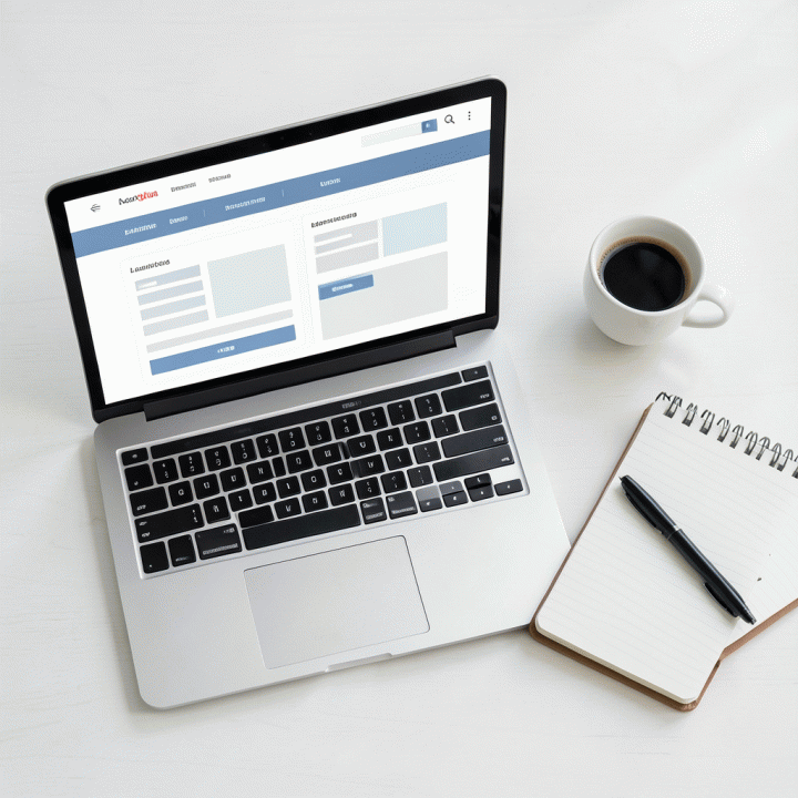 Persiapan kerja di meja modern, menunjukkan laptop dengan desain landing page yang terstruktur.