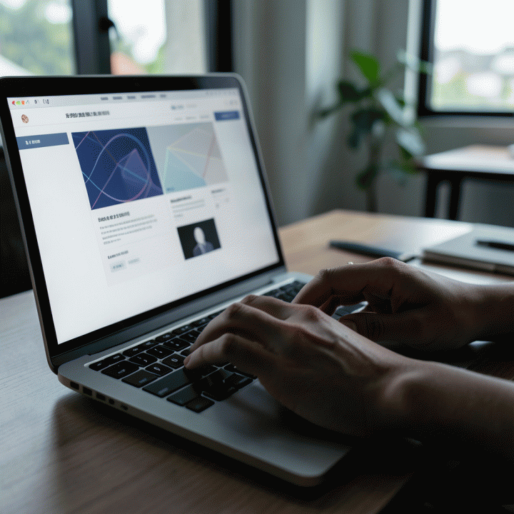 Tangan sedang mengetik di laptop, menunjukkan proses pembuatan landing page secara cepat menggunakan AI.