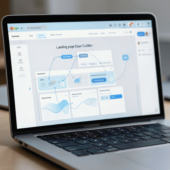 Tampilan close-up laptop yang menunjukkan antarmuka AI landing page builder yang intuitif dan mudah digunakan.