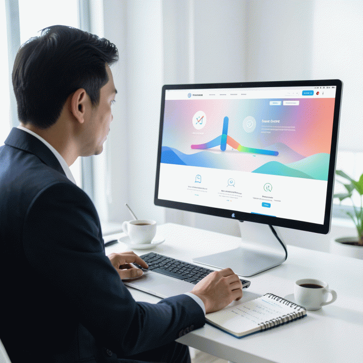 Seorang pengusaha digital Indonesia yang fokus bekerja di depan monitor menampilkan mockup landing page konversi tinggi yang modern dan profesional.