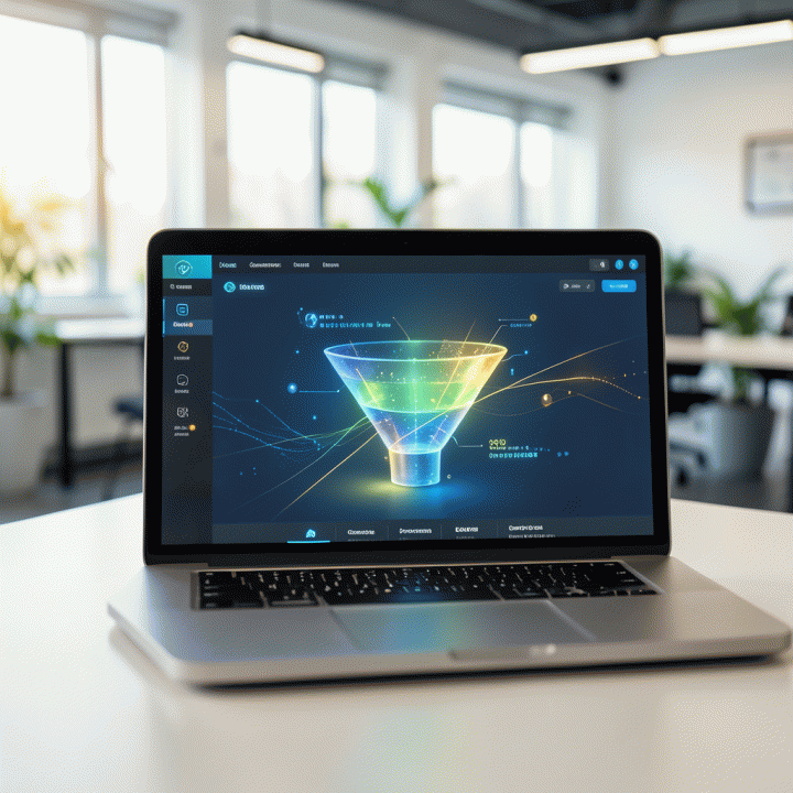 Visualisasi antarmuka landing page konversi tinggi yang dibuat menggunakan AI pada laptop modern, menunjukkan alur sales funnel yang terstruktur.