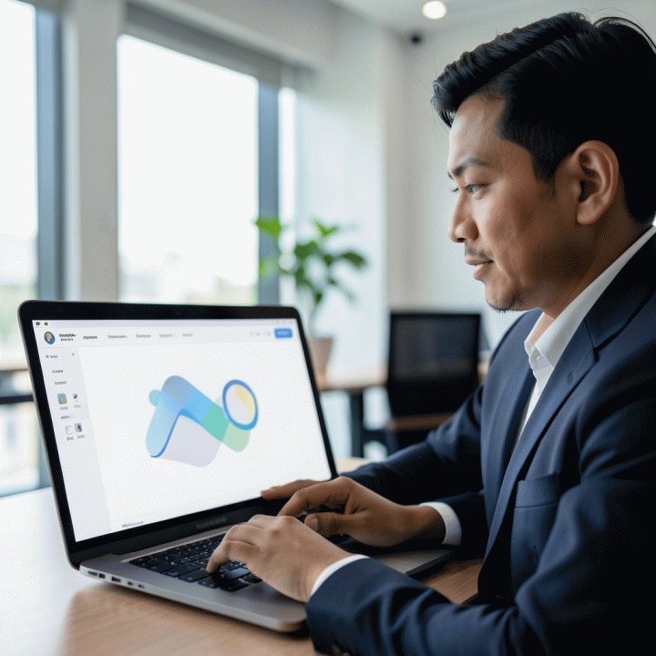 Seorang pemilik bisnis sedang melihat hasil landing page yang optimal di layar laptop, menunjukkan kemudahan dan efisiensi tools AI.