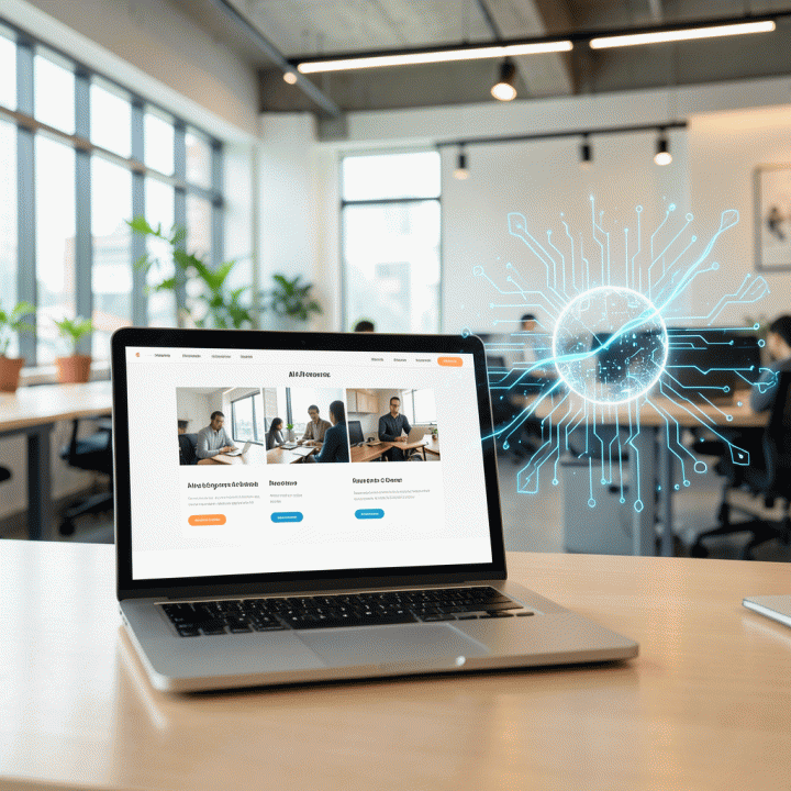 Tangan profesional di co-working space yang menunjukkan laptop dengan desain landing page konversi tinggi yang dihasilkan dengan bantuan AI, melambangkan efisiensi pemasaran digital.