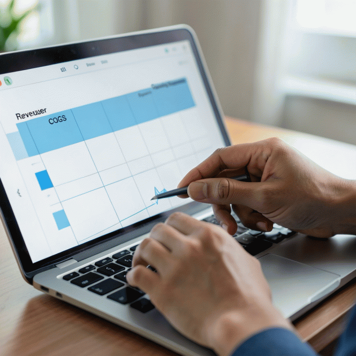 Tangan yang sedang berinteraksi dengan antarmuka spreadsheet digital sederhana untuk perhitungan keuangan bisnis.
