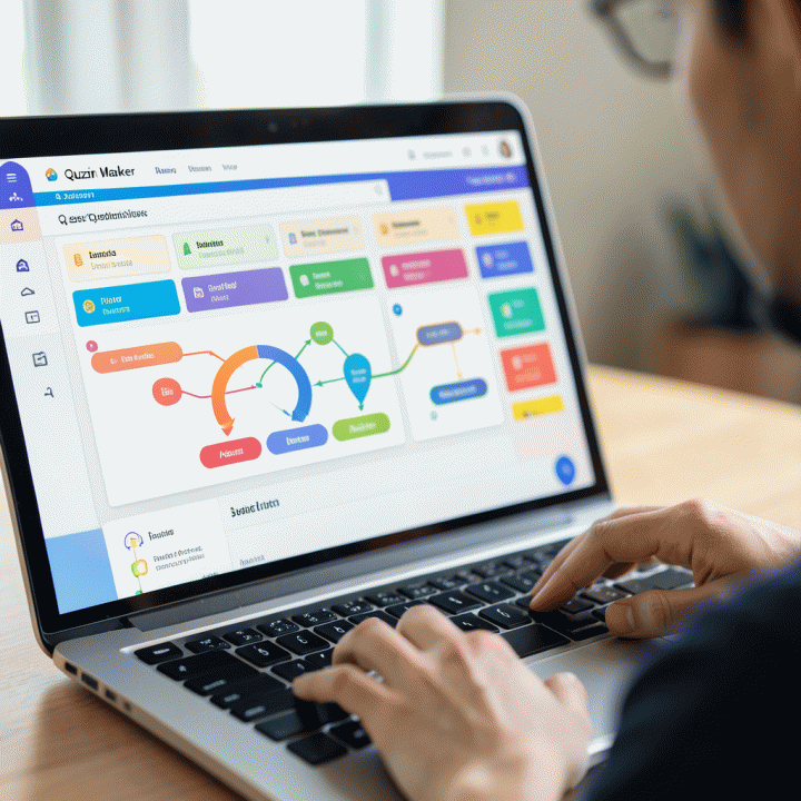 Tampilan dashboard pembuat kuis interaktif di laptop, menunjukkan tata letak yang terstruktur tanpa teks yang bisa dibaca.