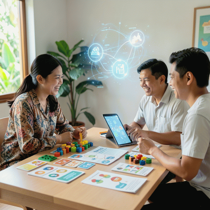 Orang tua dan guru Indonesia yang berkolaborasi di meja belajar modern, dikelilingi materi edukasi yang menarik, dengan sentuhan visual abstrak AI yang menunjukkan kemudahan belajar.