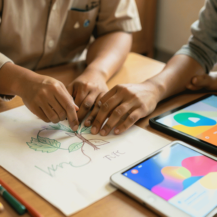 Tangan guru dan murid berinteraksi membuat konsep di atas kertas, didukung oleh antarmuka digital AI yang abstrak.
