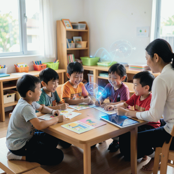 Guru atau orang tua membantu anak-anak Indonesia belajar menggunakan materi interaktif yang dibantu teknologi AI di ruang kelas yang cerah.