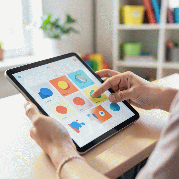 Tangan guru atau orang tua menggunakan tablet AI untuk menyusun materi belajar anak yang menarik dan mudah dipahami.