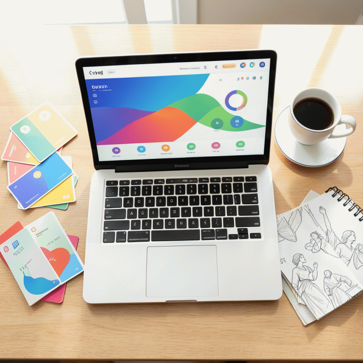 Tampilan meja kerja yang efisien dengan laptop menampilkan dashboard pendidikan AI abstrak, dikelilingi oleh alat belajar fisik.