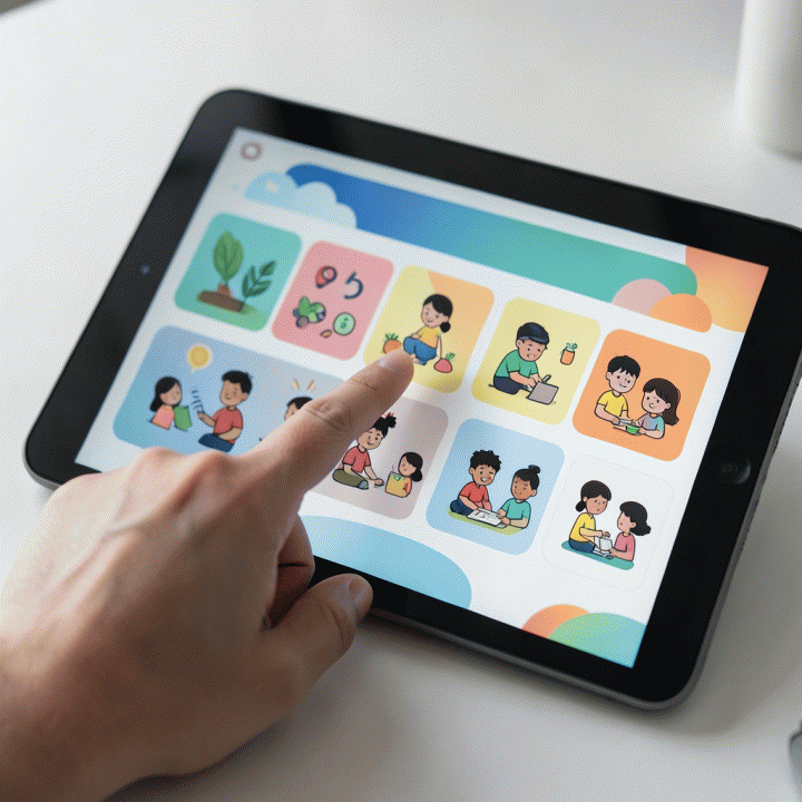 Tangan menunjuk modul belajar anak yang dihasilkan AI di layar tablet, menunjukkan materi ajar yang menarik dan siap digunakan.