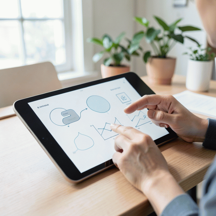 Tangan seseorang yang sedang menggunakan tablet AI untuk menyusun struktur materi belajar secara digital, menunjukkan efisiensi dan kemudahan proses.