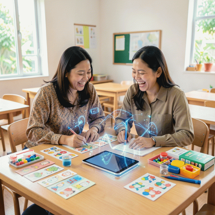 Gambar cover yang menampilkan seorang ibu dan guru Indonesia yang sedang berkolaborasi membuat materi belajar anak yang menarik dan efektif, dengan sentuhan visualisasi teknologi AI yang modern dan cerah.