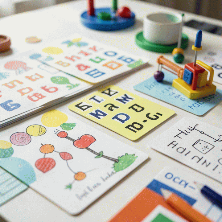 Berbagai materi belajar anak yang kreatif dan menarik, seperti flashcard dan model sains, ditata rapi di atas meja kayu.