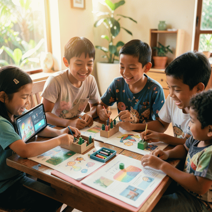 Anak-anak Indonesia belajar dengan gembira dan antusias melalui materi ajar interaktif yang menarik.