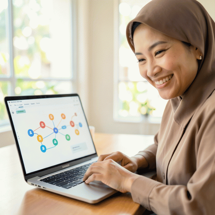 Guru Indonesia menggunakan antarmuka AI yang mudah digunakan di laptop untuk menghasilkan materi ajar dengan efisien.