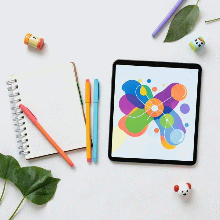 Susunan alat belajar modern dan materi digital di atas meja, menekankan efisiensi dan kreativitas dalam persiapan materi ajar.