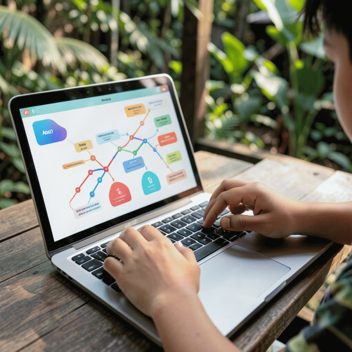 Tangan orang tua dan anak berkolaborasi menggunakan alat AI untuk membuat materi belajar interaktif di layar digital.