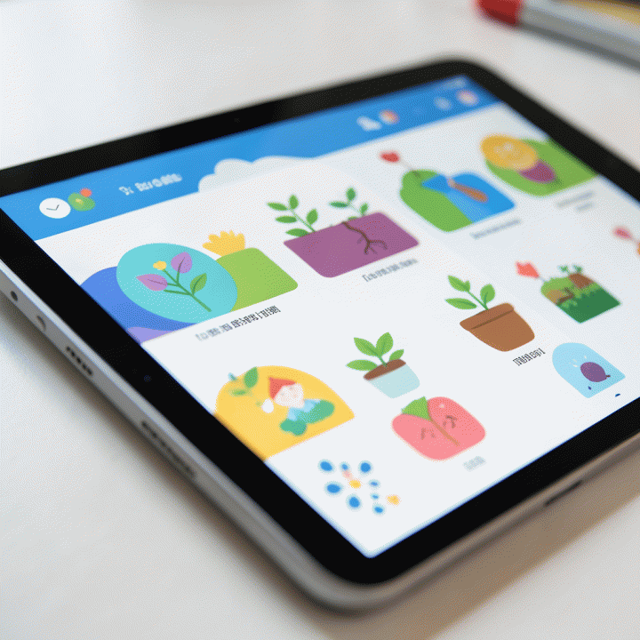 Tampilan antarmuka edukasi digital yang abstrak dan berwarna-warni di tablet, menunjukkan aktivitas belajar tanpa teks yang terbaca.
