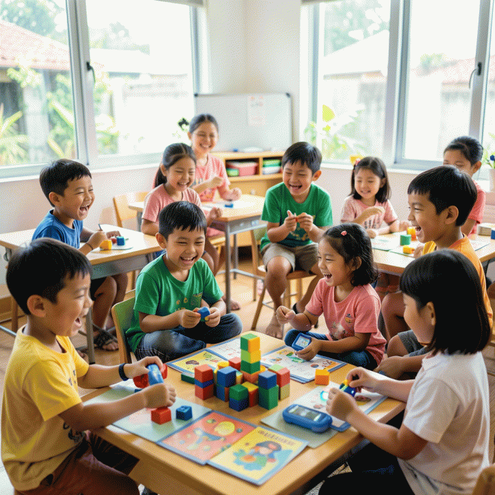 Sekelompok anak sekolah dasar Indonesia yang ceria dan terlibat dalam kegiatan belajar interaktif di kelas yang modern dan penuh warna.