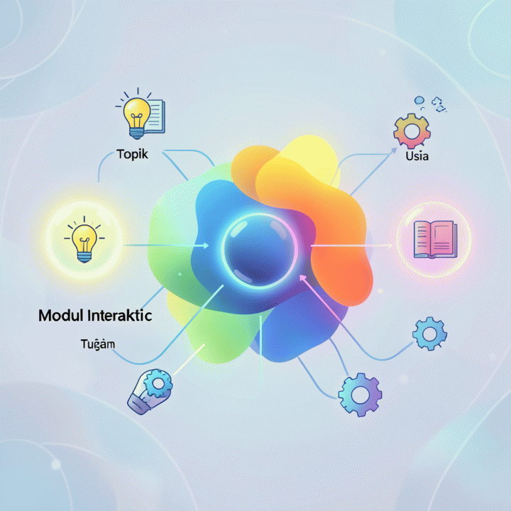 Diagram visualisasi alur kerja AI yang mengubah input sederhana menjadi materi pembelajaran yang kompleks dan menarik.
