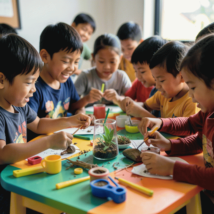 Anak-anak Indonesia yang gembira melakukan eksperimen belajar sains yang interaktif dan hands-on.