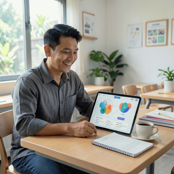 Guru Indonesia yang tersenyum menggunakan tablet teknologi di ruang kelas modern, menunjukkan kemudahan membuat modul ajar dengan bantuan AI.