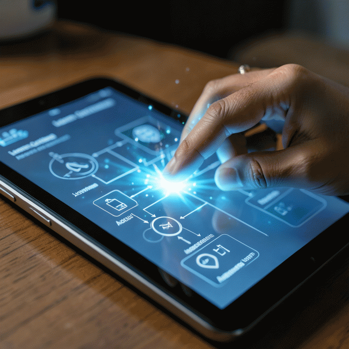 Tangan guru berinteraksi dengan antarmuka AI abstrak di tablet, menggambarkan proses pembuatan modul ajar secara digital.