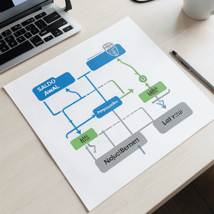 Diagram alir akuntansi yang sederhana dan profesional, menunjukkan urutan langkah-langkah dari saldo awal hingga laporan keuangan, menjelaskan pentingnya neraca lajur.