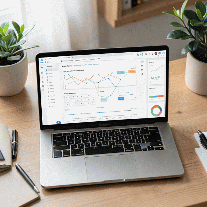 Gambar overhead laptop menampilkan dashboard Notion personal yang terorganisir dan futuristik, melambangkan pusat kendali hidup dan produktivitas maksimal.