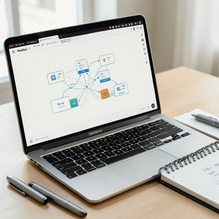 Tampilan flat lay yang menampilkan laptop dengan dashboard abstrak dan alat tulis, menyoroti integrasi antara sistem digital dan perencanaan fisik.