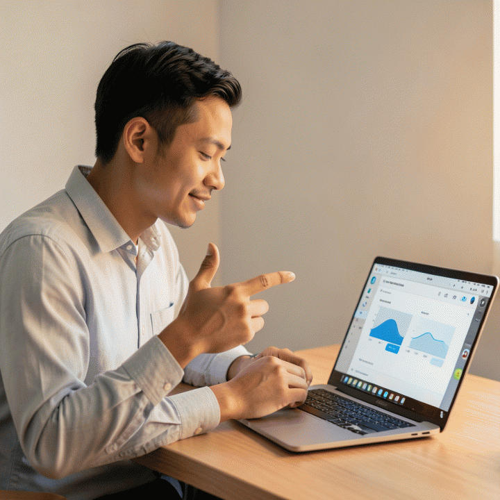 Seorang profesional muda yang tersenyum sambil berinteraksi dengan dashboard Notion di laptopnya, melambangkan pencapaian tujuan hidup dan manajemen diri yang teratur.